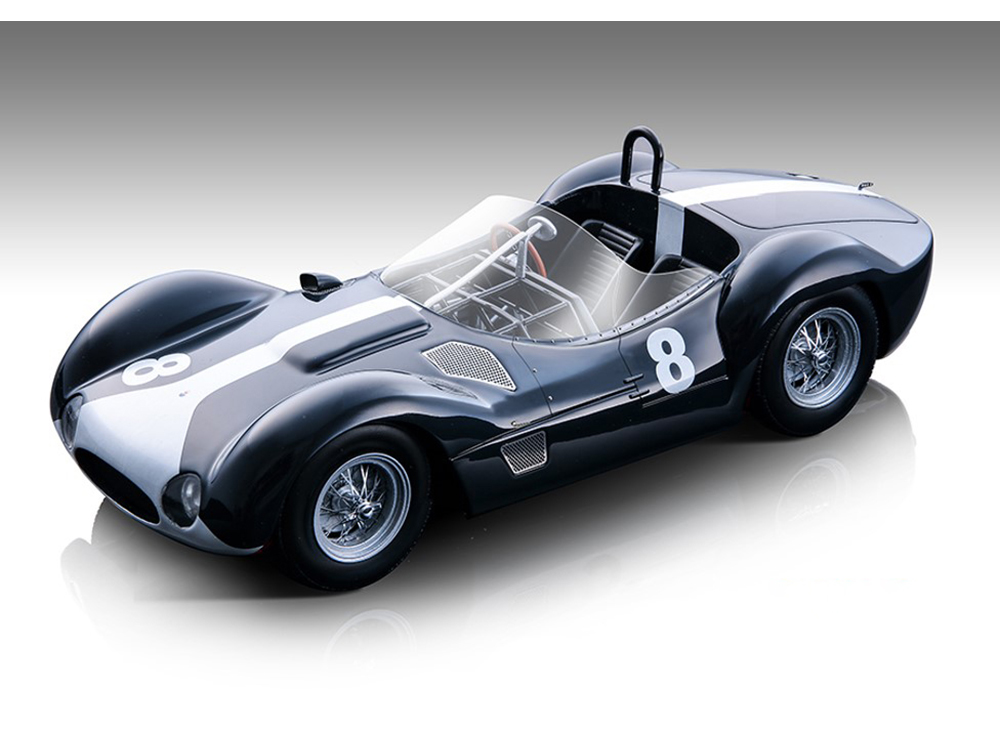 Maserati Birdcage Tipo 61 8 Dark Blue with White Stripe Sothebys Auction (2013) Limited Edition to 40 pieces Worldwide 1/18 Model Car by Tecnomodel