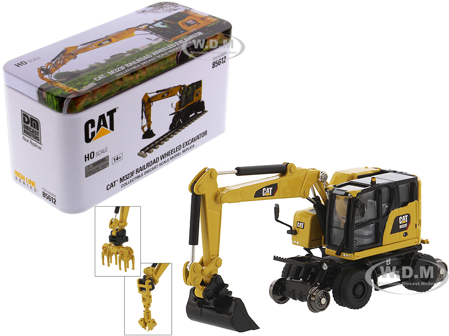 CAT Caterpillar M323F Railroad Wheeled Excavator with 3 Accessories (Safety Yellow Version) "High Line" Series 1/87 (HO) Scale Diecast Model by Dieca