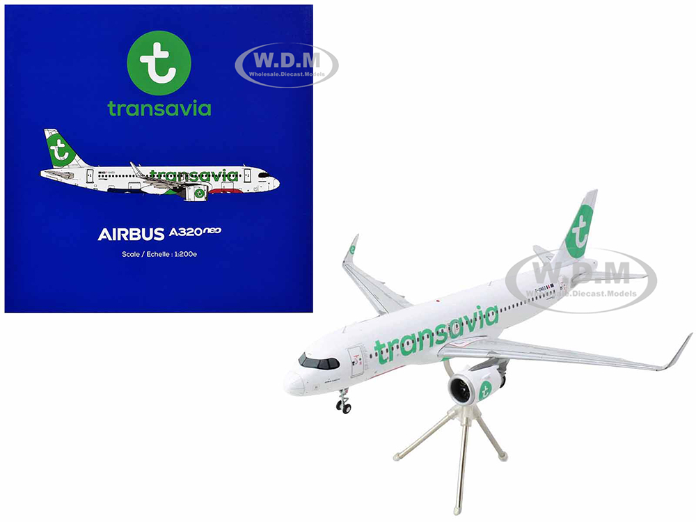 Airbus A320neo Commercial Aircraft Transavia Airlines (F-GNEO) White with Green Tail Gemini 200 Series 1/200 Diecast Model Airplane by GeminiJets