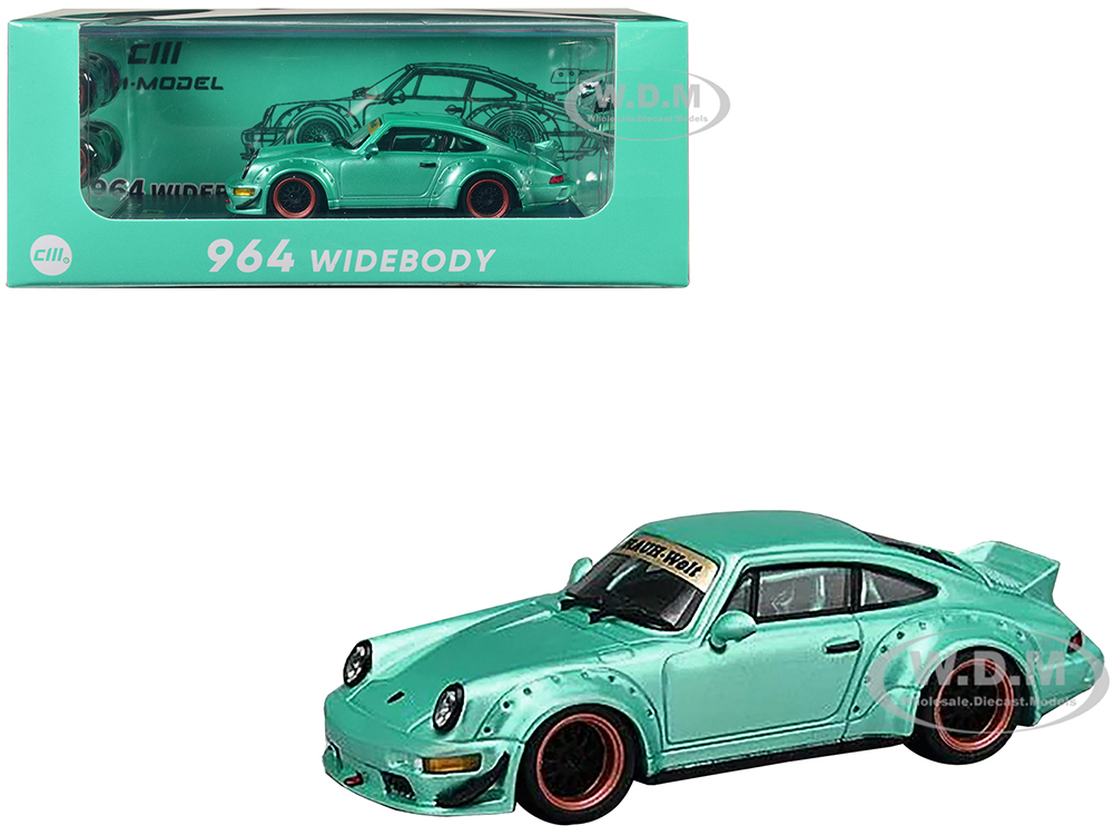 RWB 964 Widebody Tiffany Blue Metallic With Extra Wheels And Spoiler 1/64 Diecast Model Car By CM Models