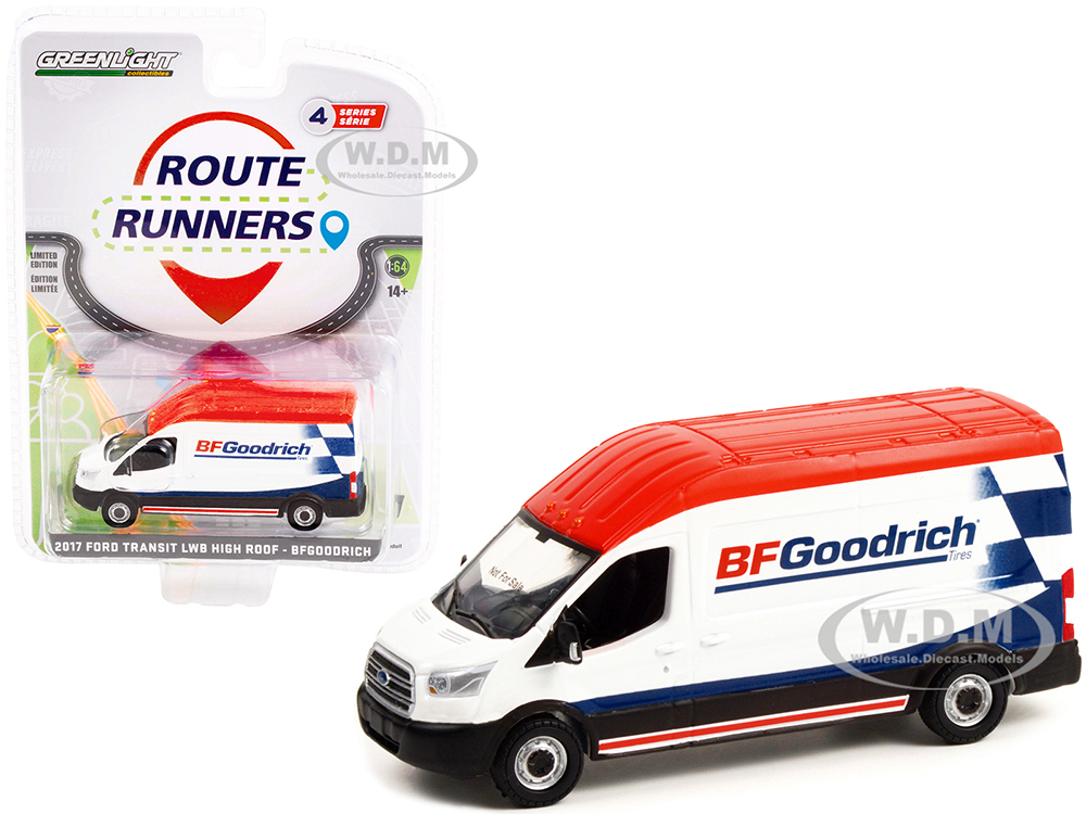 2017 Ford Transit LWB High Roof Van White and Blue with Red Top BFGoodrich Route Runners Series 4 1/64 Diecast Model Car by Greenlight