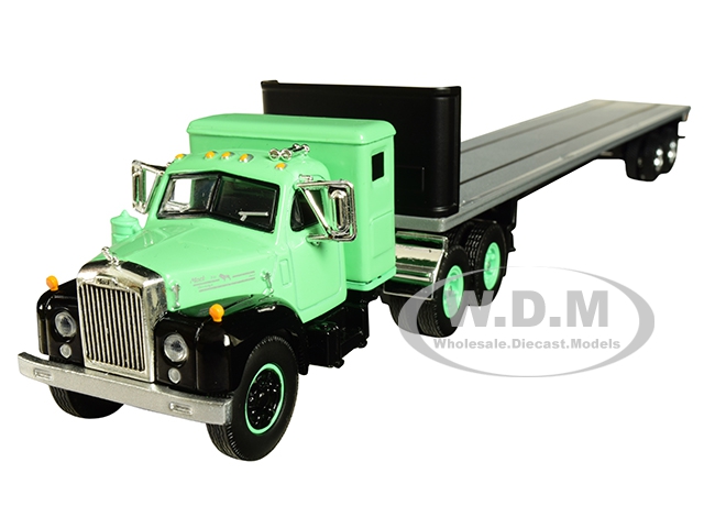 Image of Mack B-61 with Sleeper Cab and 48 Flatbed Trailer Antique Green 1/64 Diecast Model by DCP/First Gear