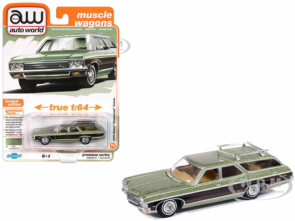 1970 Chevrolet Kingswood Estate Wagon Green Mist Metallic with Woodgrain Sides and Roof Rack "Muscle Wagons" Series 1/64 Diecast Model Car by Auto Wo