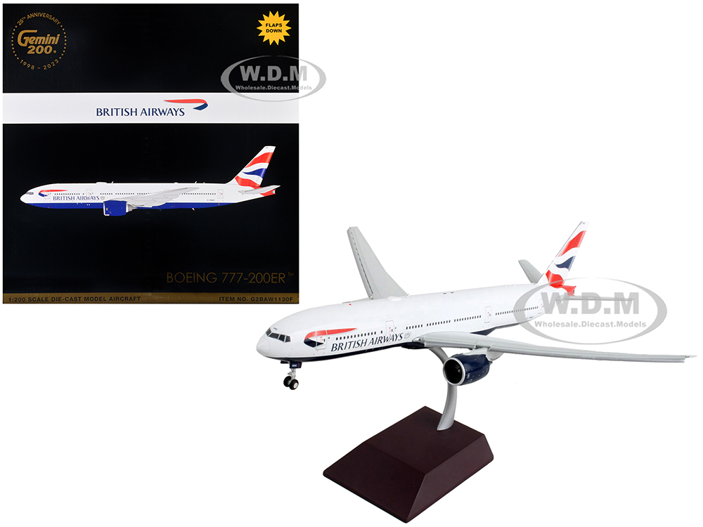 Boeing 777-200ER Commercial Aircraft with Flaps Down British Airways White with Striped Tail Gemini 200 Series 1/200 Diecast Model Airplane by GeminiJets