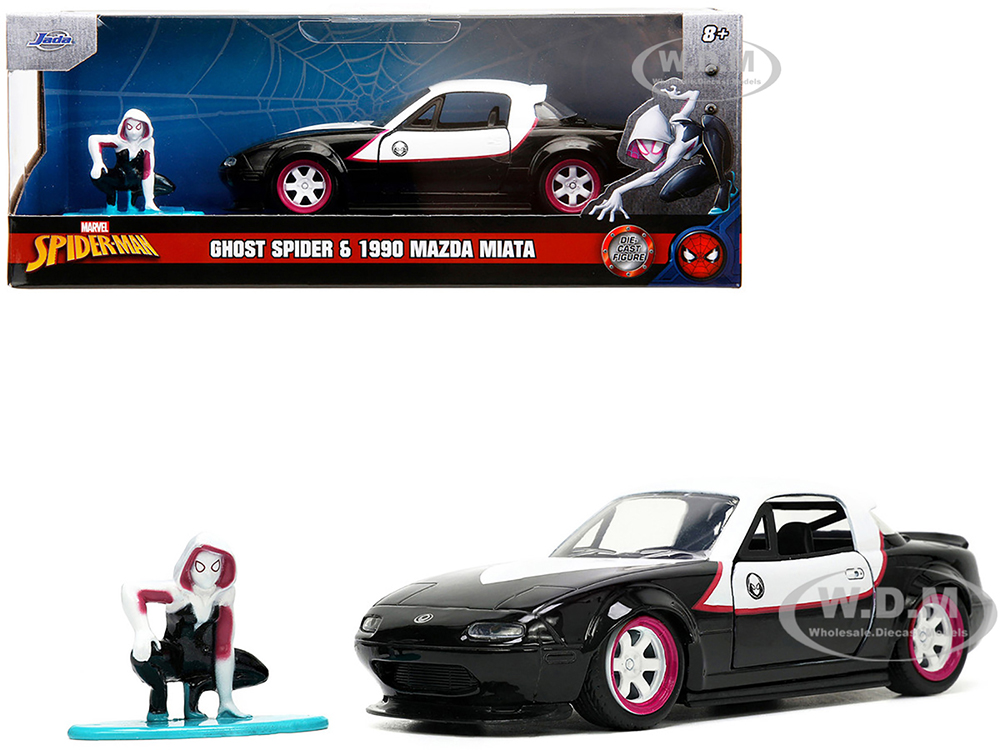 1990 Mazda Miata Black and White with Graphics and Ghost Spider Diecast Figure Spider-Man Marvel Series 1/32 Diecast Model Car by Jada