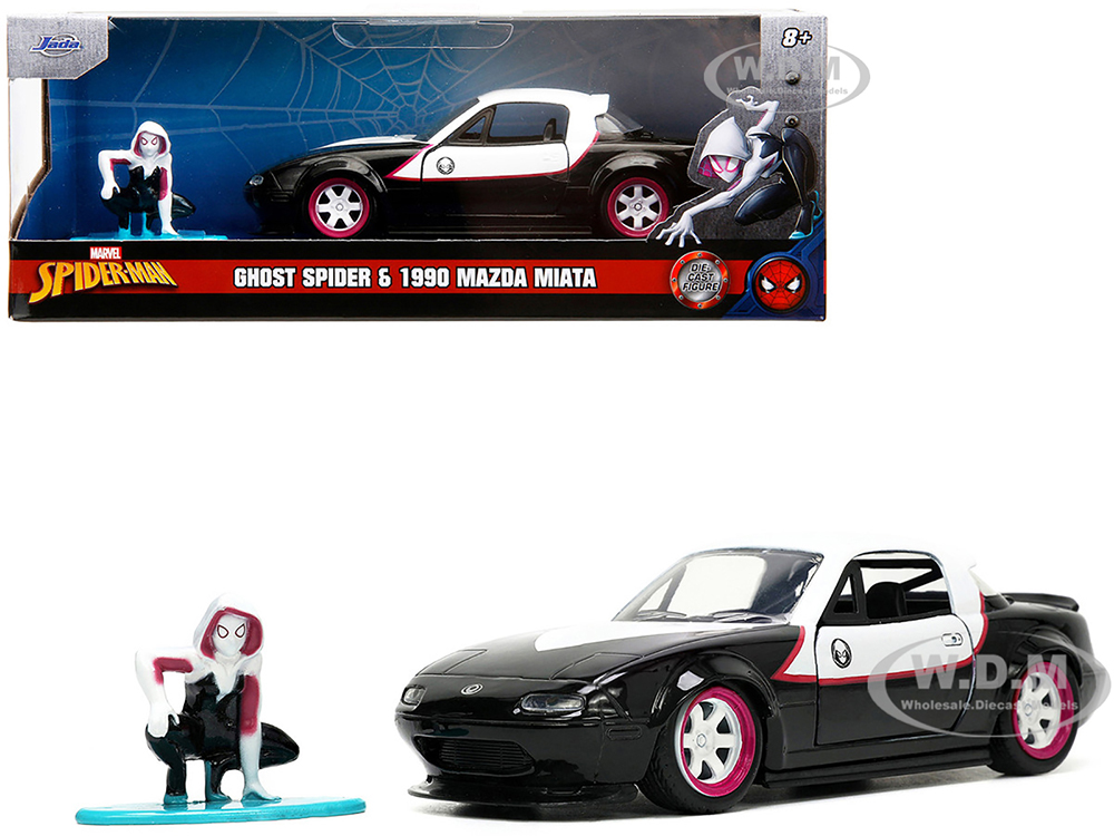 1990 Mazda Miata Black and White with Graphics and Ghost Spider Diecast Figure "Spider-Man" "Marvel" Series 1/32 Diecast Model Car by Jada