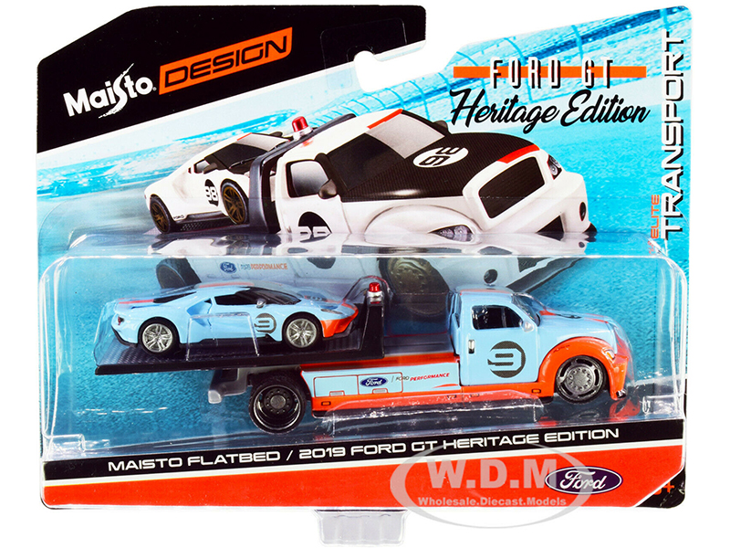 2019 Ford GT #9 Heritage Edition with Flatbed Truck Light Blue and Orange Elite Transport Series 1/64 Diecast Model Cars by Maisto