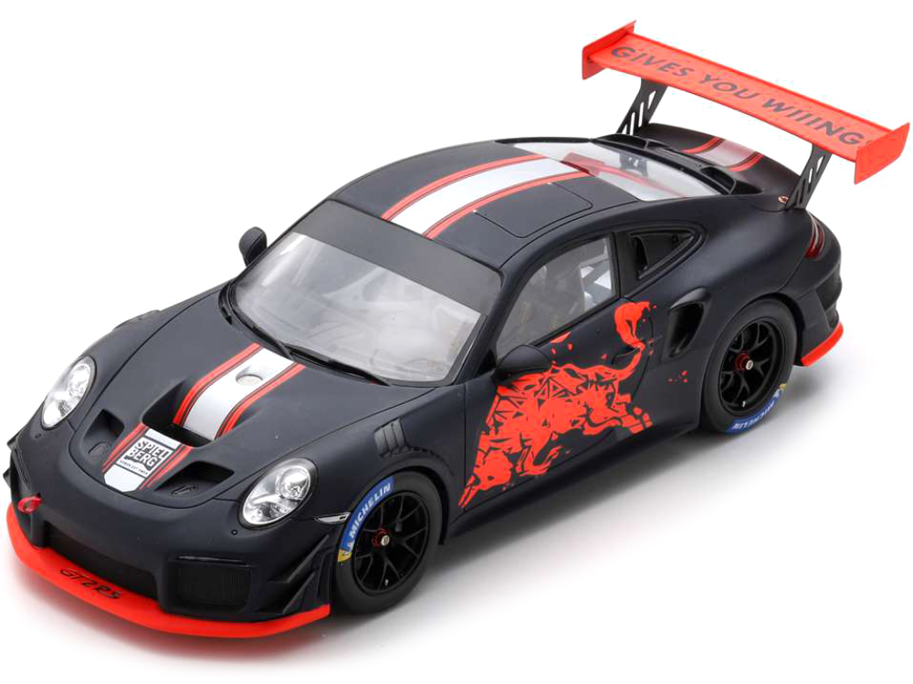 Porsche GT2 RS Matt Black with Stripes and Graphics "Clubsport Red Bull" (2019) 1/18 Model Car by Spark