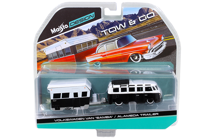 Volkswagen Van Samba with Alameda Trailer Black / White Tow &amp; Go 1/64 Diecast Model by Maisto