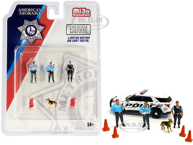 Image of "Metropolitan Police" 8 piece Diecast Set (3 Figurines 1 Dog and 4 Accessories) for 1/64 Scale Models by American Diorama
