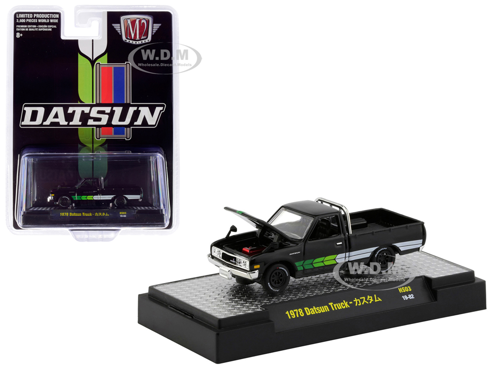 Image of 1978 Datsun Pickup Truck Custom Black with Stripes "Hobby Exclusive" Limited Edition to 3600 pieces Worldwide 1/64 Diecast Model Car by M2 Machines