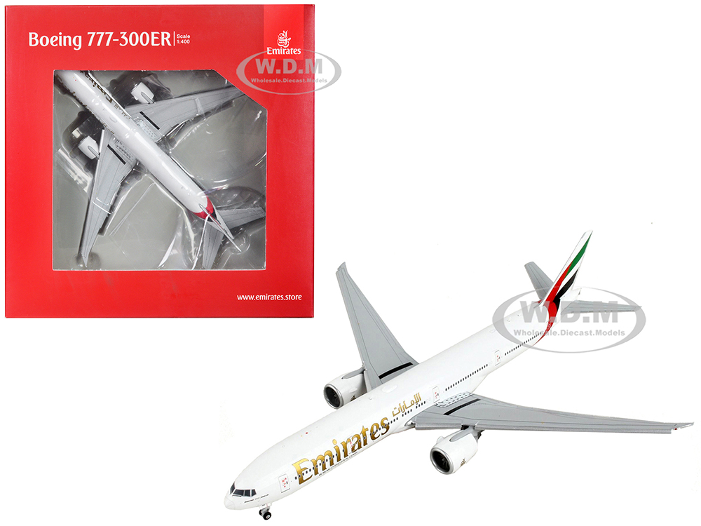 Boeing 777-300ER Commercial Aircraft with Flaps Down Emirates Airlines White with Striped Tail 1/400 Diecast Model Airplane by GeminiJets