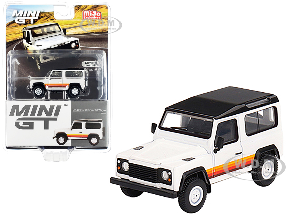 Land Rover Defender 90 Wagon White with Black Top and Stripes Limited Edition to 1800 pieces Worldwide 1/64 Diecast Model Car by True Scale Miniature