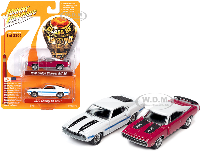 Image of 1970 Dodge Charger R/T SE Panther Pink and 1970 Ford Mustang Shelby GT500 White Set of 2 pieces "Class of 1970" Limited Edition to 2304 pieces Worldw