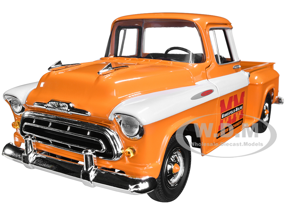 1957 Chevrolet Stepside Pickup Truck "Minneapolis-Moline" Orange with White Stripes 1/25 Diecast Model Car by SpecCast