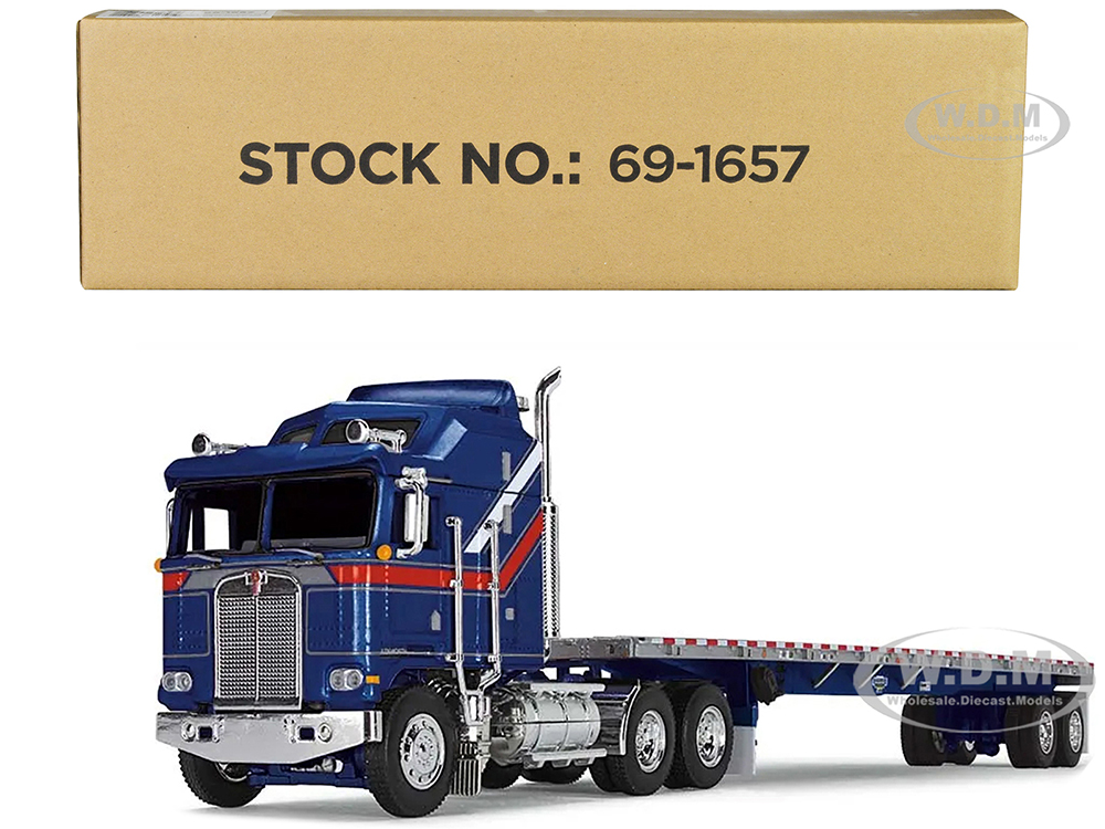 Kenworth K100 COE with Aerodyne Sleeper and 53 Wilson Roadbrute Flatbed Trailer Blue with Red Stripes 