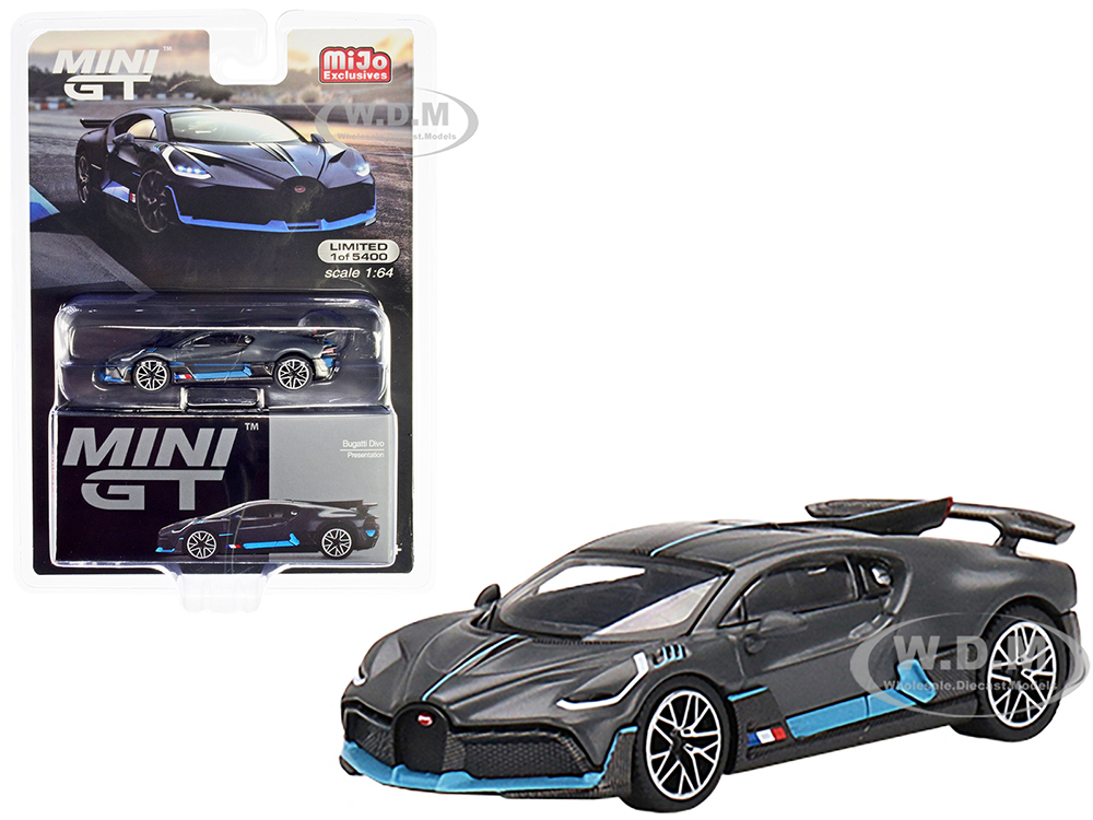 Bugatti Divo "Presentation" Matt Gray with Light Blue Accents Limited Edition to 5400 pieces Worldwide 1/64 Diecast Model Car by True Scale Miniature