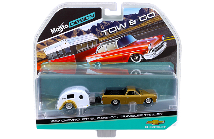 1967 Chevrolet El Camino with Traveler Trailer Gold Tow &amp; Go 1/64 Diecast Model by Maisto