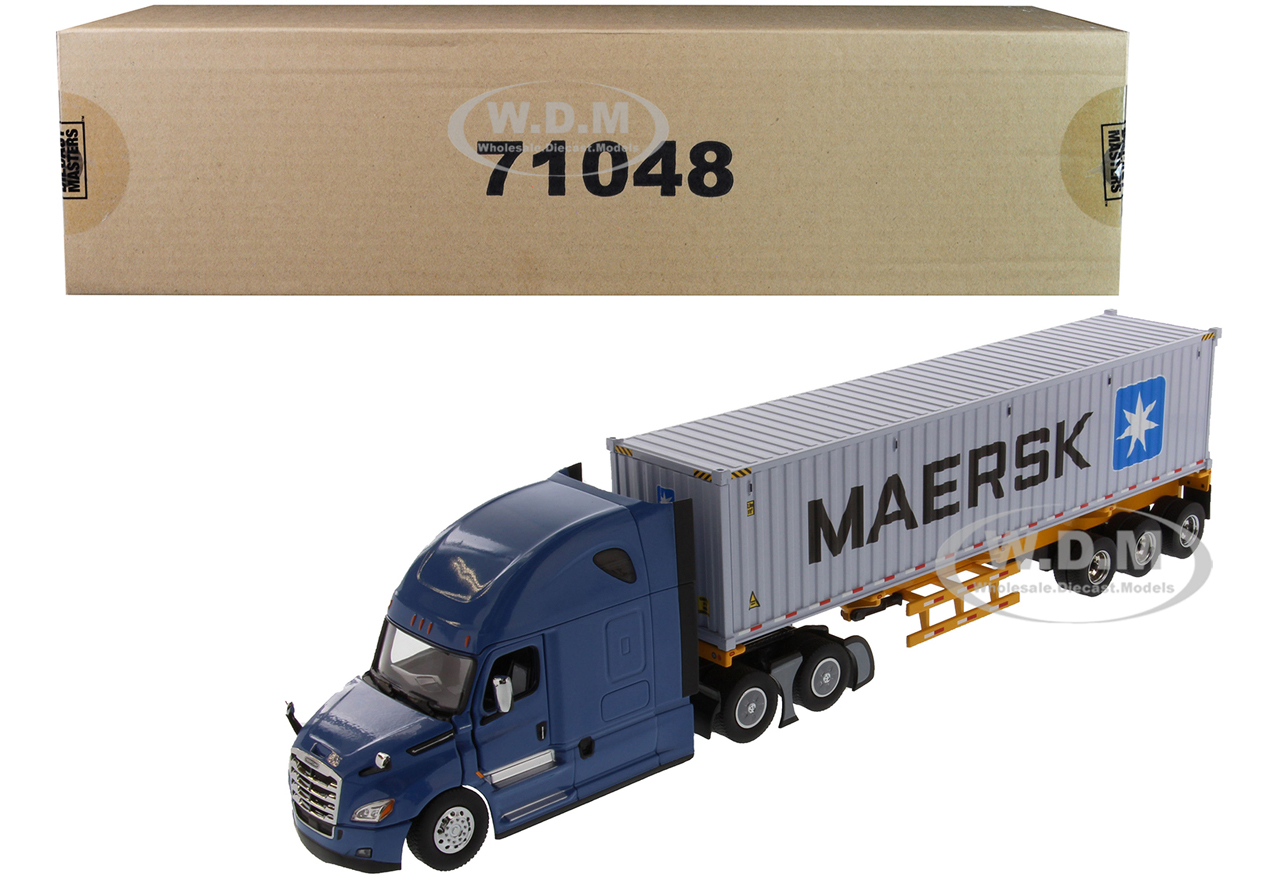 Freightliner New Cascadia Blue With Skeleton Trailer And 40 Dry Goods Sea Container "maersk" "transport Series" 1/50 Diecast Model By Diecast Masters