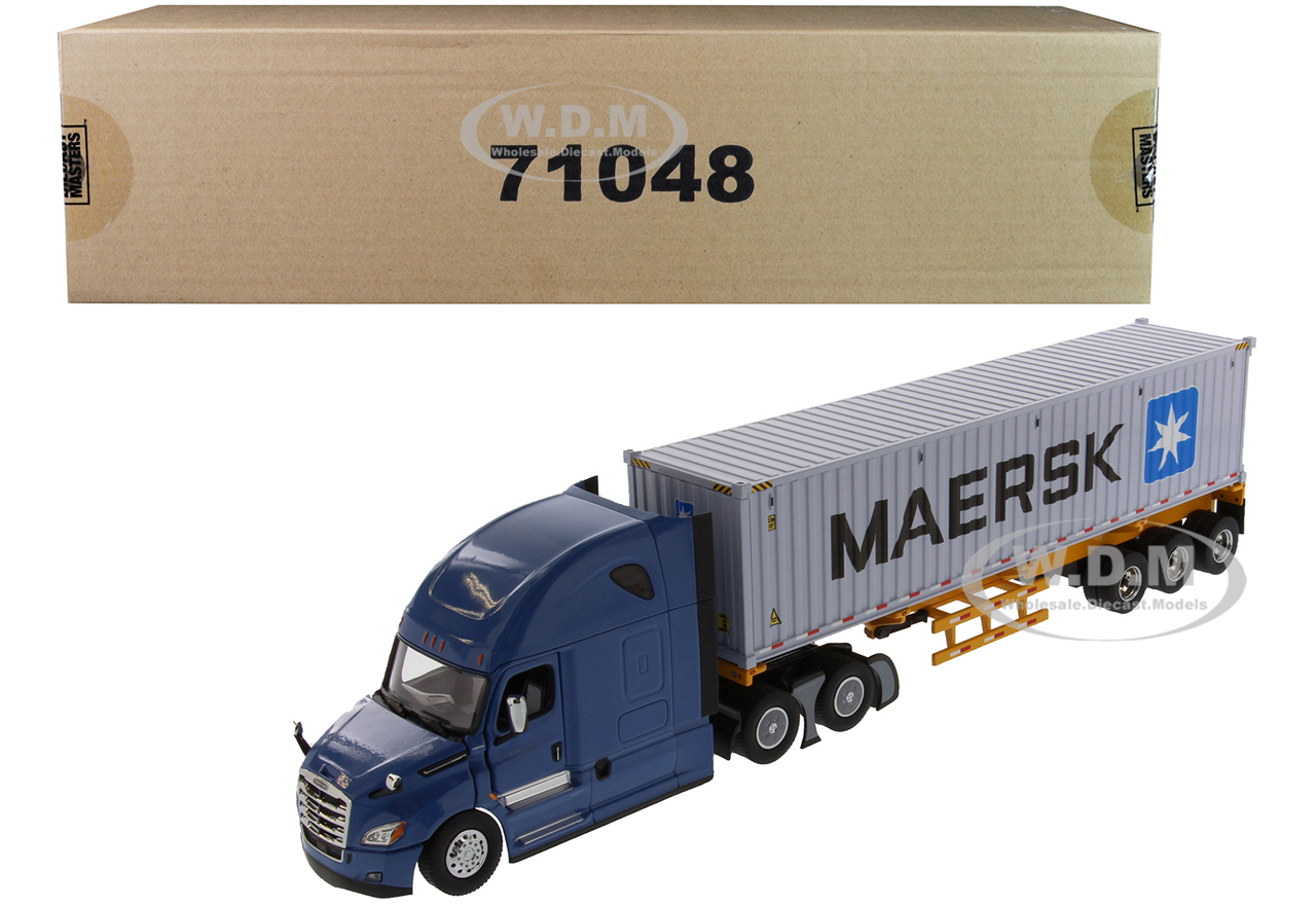 Image of Freightliner New Cascadia Blue with Skeleton Trailer and 40 Dry Goods Sea Container "MAERSK" "Transport Series" 1/50 Diecast Model by Diecast Masters