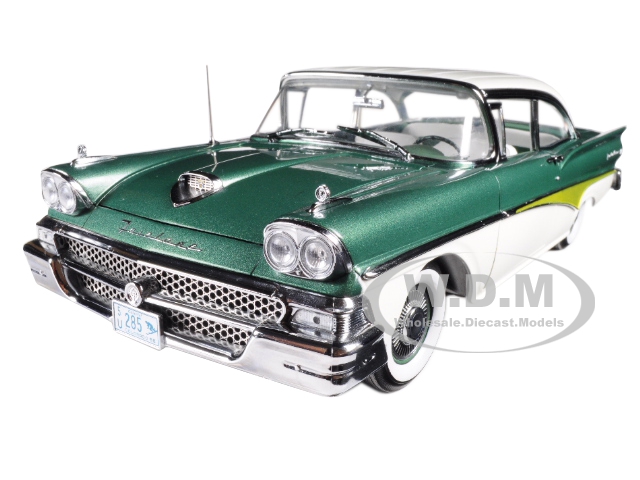 Image of 1958 Ford Fairlane 500 Hard Top Silvertone Green and White "Platinum Series" 1/18 Diecast Model Car by Sunstar