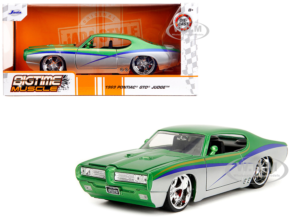 1969 Pontiac GTO Judge Green Metallic and Silver with Stripes "Bigtime Muscle" Series 1/24 Diecast Model Car by Jada