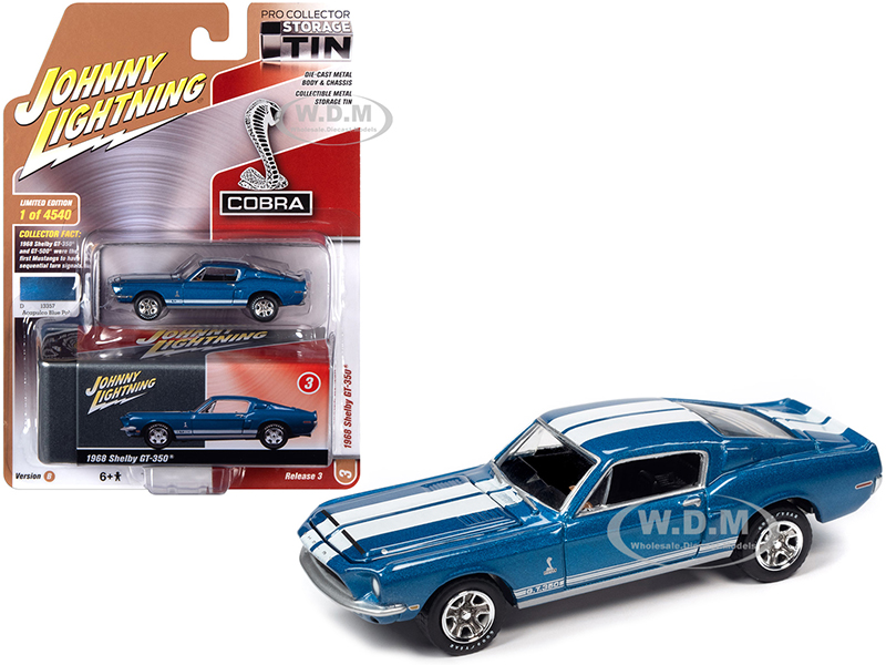 1968 Ford Mustang Shelby GT-350 Acapulco Blue Metallic with White Stripes and Collector Tin Limited Edition to 4540 pieces Worldwide 1/64 Diecast Model Car by Johnny Lightning