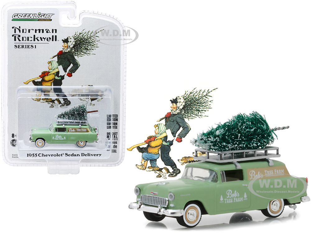 1955 Chevrolet Sedan Delivery Light Green "Bobs Tree Farm" with a Christmas Tree "Norman Rockwell Delivery Vehicles" Series 1 1/64 Diecast Model Car