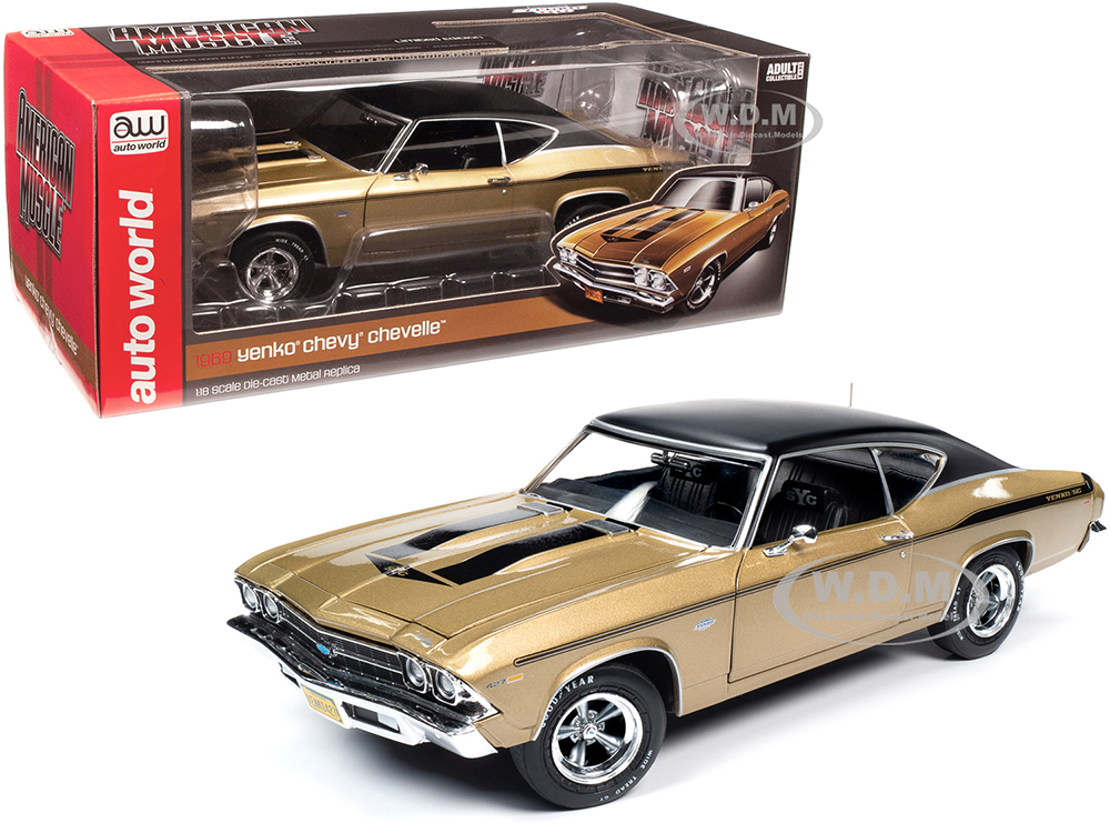 Image of 1969 Chevrolet Chevelle Yenko Hardtop Olympic Gold Metallic with Black Top and Black Stripes 1/18 Diecast Model Car by Autoworld