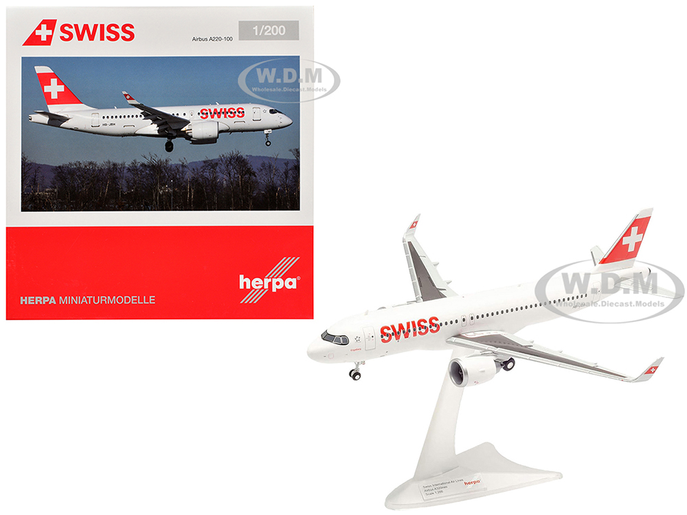 Airbus A220-100 Commercial Aircraft Swiss International Air Lines (HB-JBH) White with Red Tail 1/200 Diecast Model Airplane by Herpa