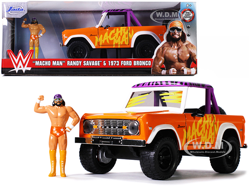 1973 Ford Bronco Pickup Truck with Macho Man Randy Savage Diecast Figurine WWE 1/24 Diecast Model Car by Jada