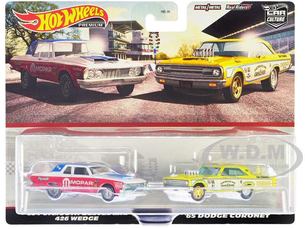 1963 Plymouth Belvedere 426 Wedge MOPAR White and Red with Blue Top and 1965 Dodge Coronet Eastbound and Crowned Yellow and White Car Culture Set of 2 Cars Diecast Model Cars by Hot Wheels
