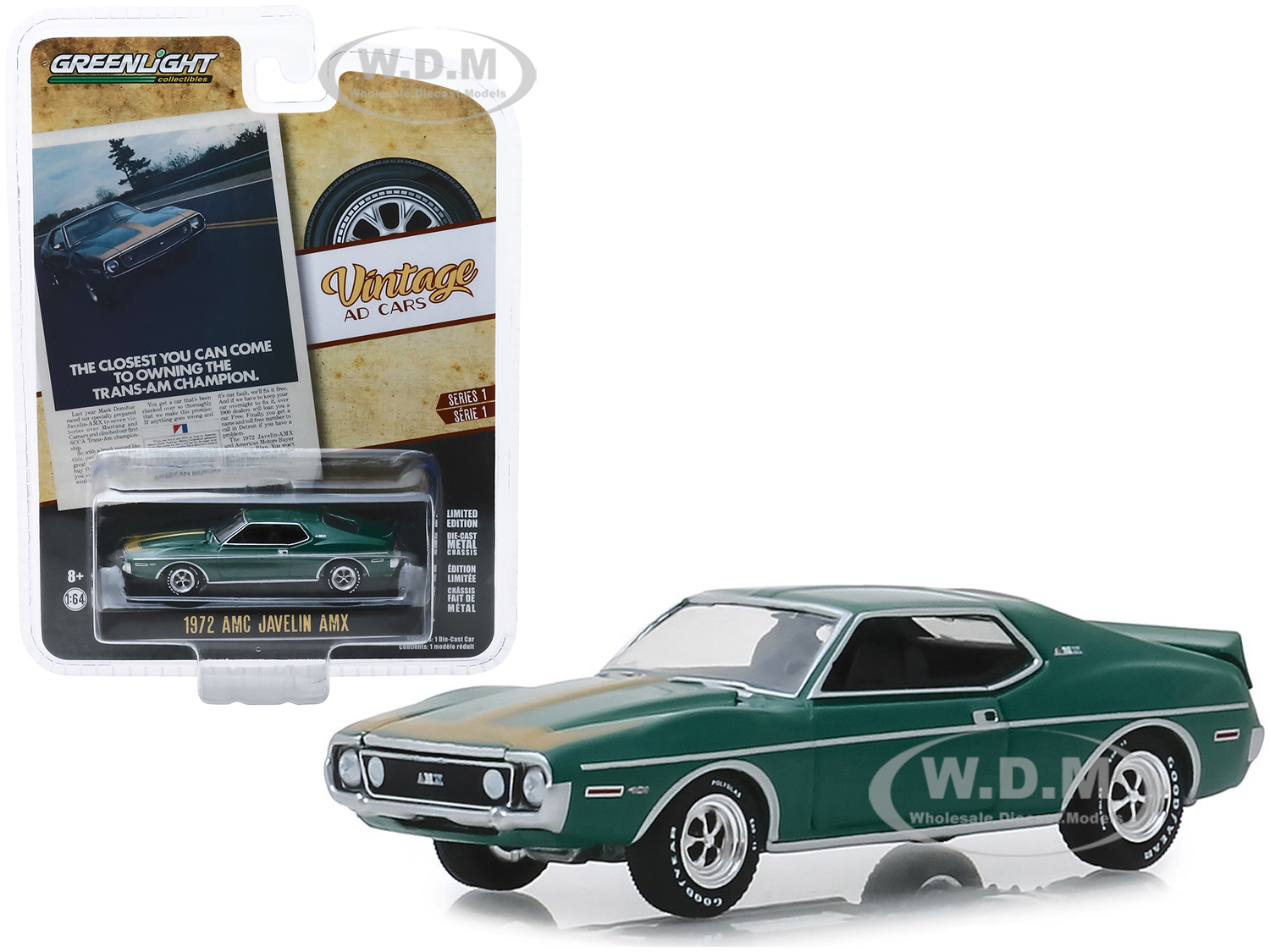 1972 Amc Javelin Amx Green With Gold Stripes "the Closest You Can Come To Owning The Trans-am Champion" "vintage Ad Cars" Series 1 1/64 Diecast Model