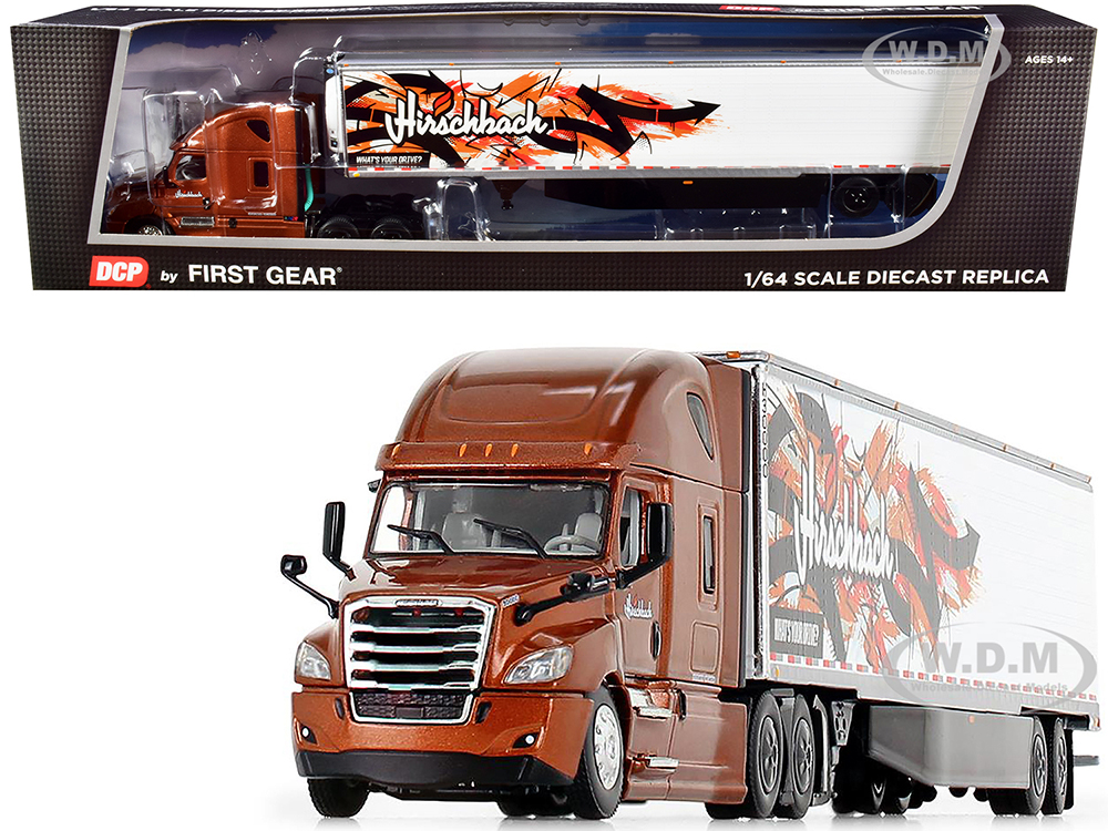 Image of 2018 Freightliner Cascadia High-Roof Sleeper Cab with 53 Utility Reefer Refrigerated Trailer with Skirts "Hirschbach" 1/64 Diecast Model by DCP/First