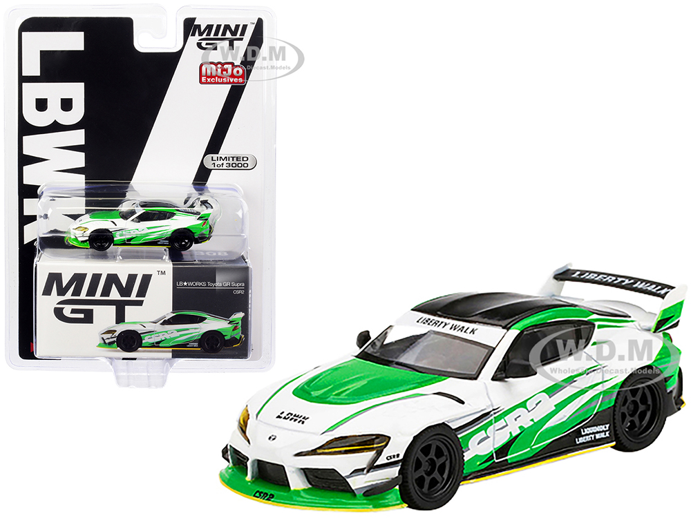 Toyota GR Supra CSR2 LB WORKS RHD (Right Hand Drive) White and Bright Green with Black Top Limited Edition to 3000 pieces Worldwide 1/64 Diecast Mode