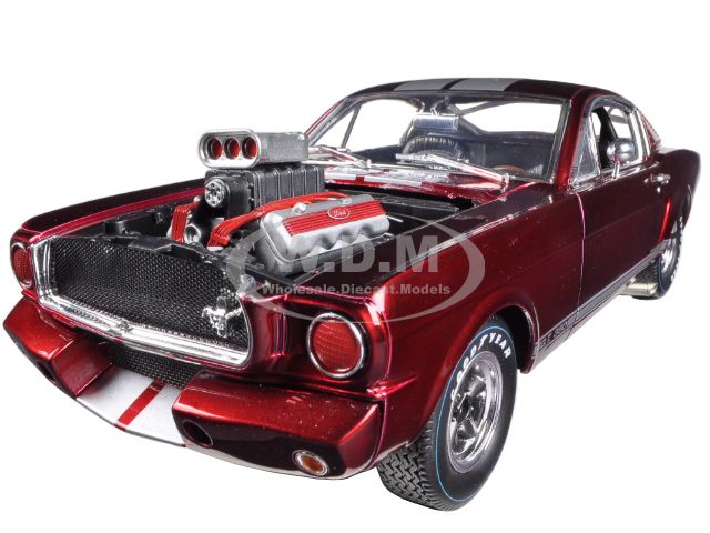 1965 Ford Shelby Mustang Gt350r With Racing Engine Metallic Red With Silver Stripes 1/18 Diecast Car Model By Shelby Collectibles