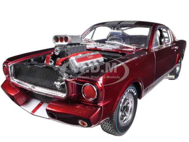 1965 Ford Shelby Mustang GT350R With Racing Engine Metallic Red With Silver Stripes 1/18 Diecast Car Model by Shelby Collectibles