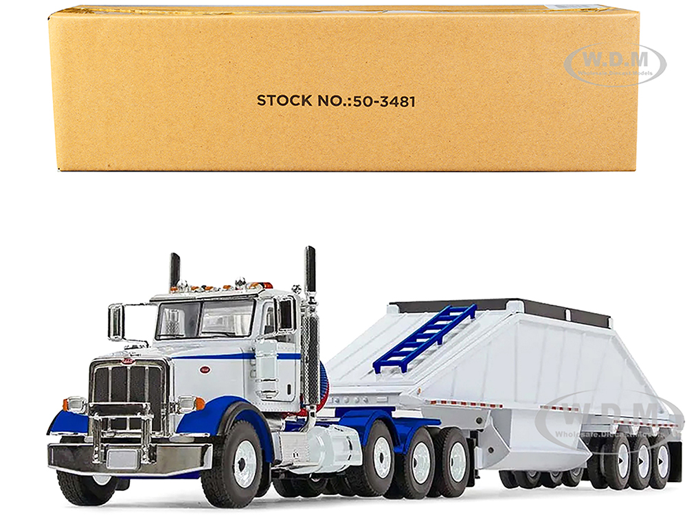Peterbilt 367 Day Cab and Bottom Dump Trailer White and Surf Blue 1/50 Diecast Model by First Gear