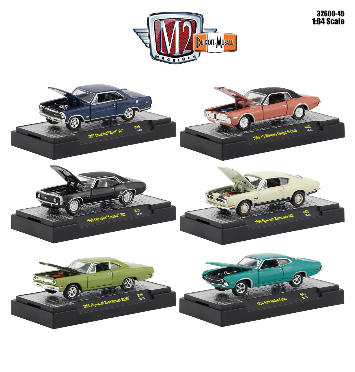 Detroit Muscle 6 Cars Set Release 45 In Display Cases 1/64 Diecast Model Cars By M2 Machines