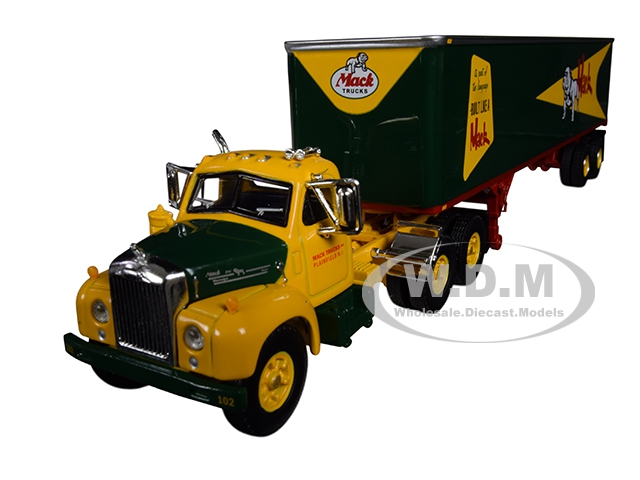Image of Mack B-61 Day Cab with 40 Vintage Trailer "Built Like a Mack" Yellow and Green 1/64 Diecast Model by First Gear