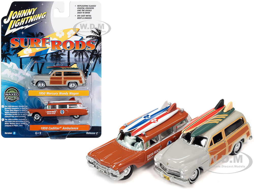 1950 Mercury Woody Wagon Dakota Gray with Wood Panels & Surfboards on Roof & 1959 Cadillac Ambulance Dull Red w/ Surfboards on Roof Cocoa Beach Rescue Patrol Surf Rods Set of 2 Cars 2-Packs 2023 Release 2 1/64 Diecast Model Cars by Johnny Lightning