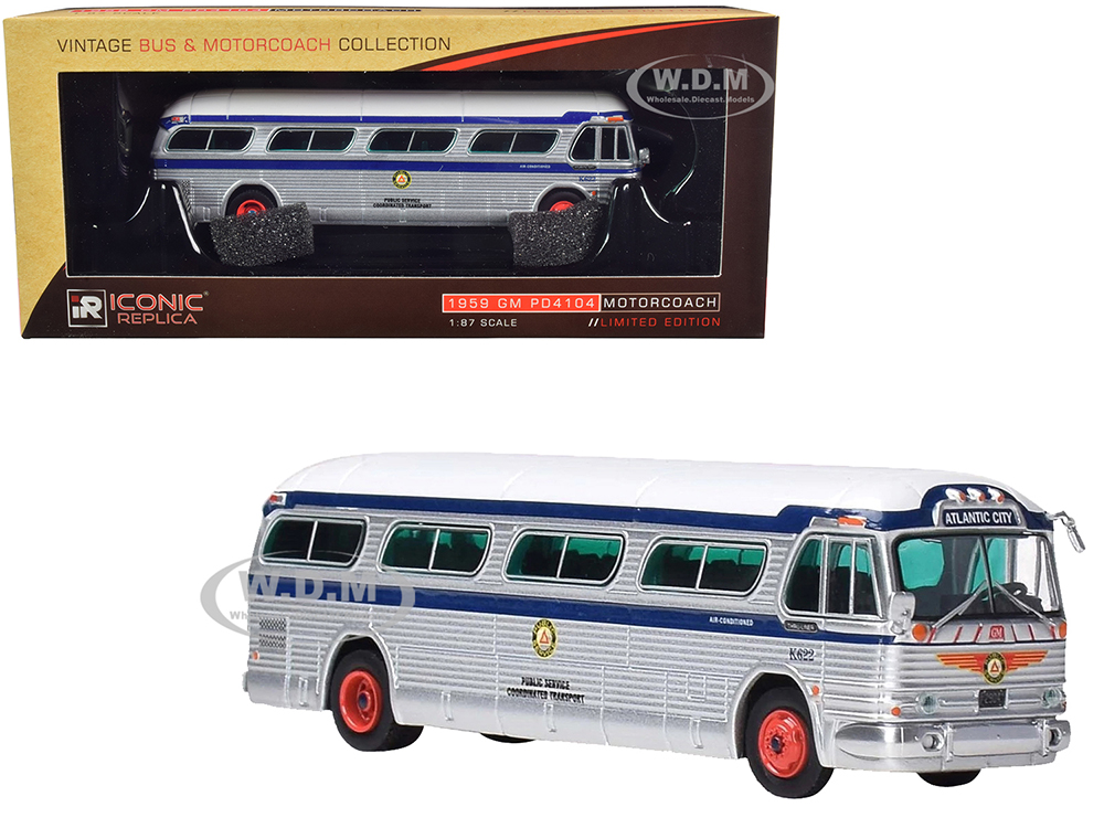 Image of 1959 GM PD4104 Motorcoach Bus "Boardwalk Special" Public Service (Atlantic City New Jersey) Silver and Blue with White Top "Vintage Bus &amp; Motorco