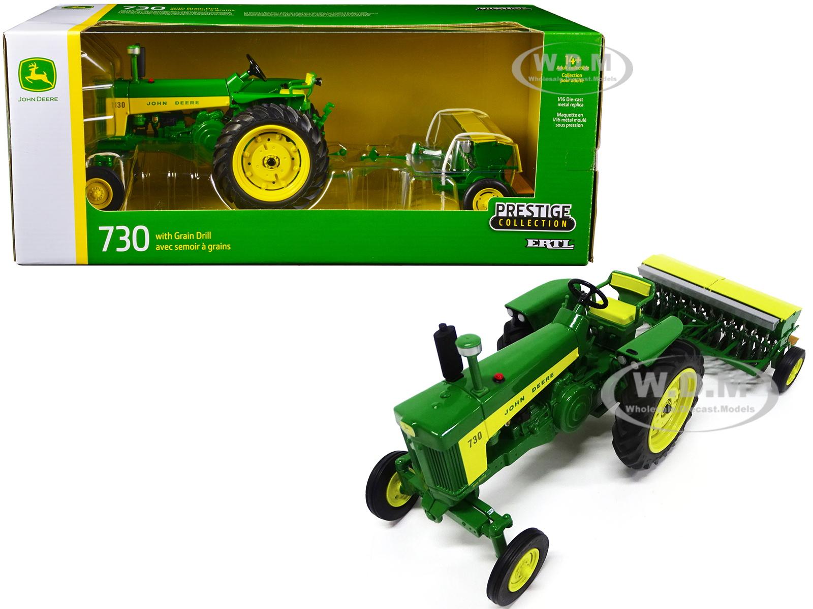 John Deere 730 Tractor Green with Grain Drill "Prestige Collection" 1/16 Diecast Model by ERTL TOMY