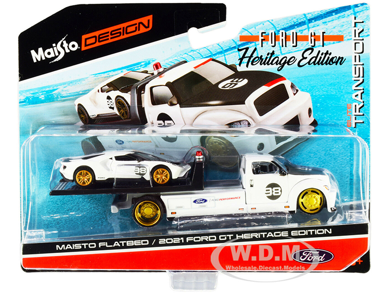 2021 Ford GT #98 Heritage Edition with Flatbed Truck White and Black Elite Transport Series 1/64 Diecast Model Cars by Maisto