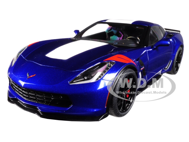 Image of 2017 Chevrolet Corvette Grand Sport Admiral Blue with White Stripe and Red Fender Hash Marks 1/18 Model Car by Autoart