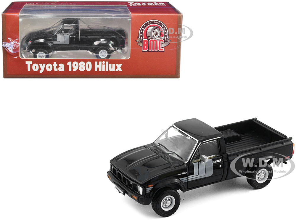 1980 Toyota Hilux Pickup Truck Black with Stripes with Extra Wheels and Bumpers 1/64 Diecast Model Car by BM Creations