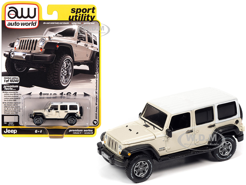 Image of 2018 Jeep Wrangler JK Unlimited Sport Gobi Beige with White Top and White Stripes "Sport Utility" Limited Edition to 10240 pieces Worldwide 1/64 Diec