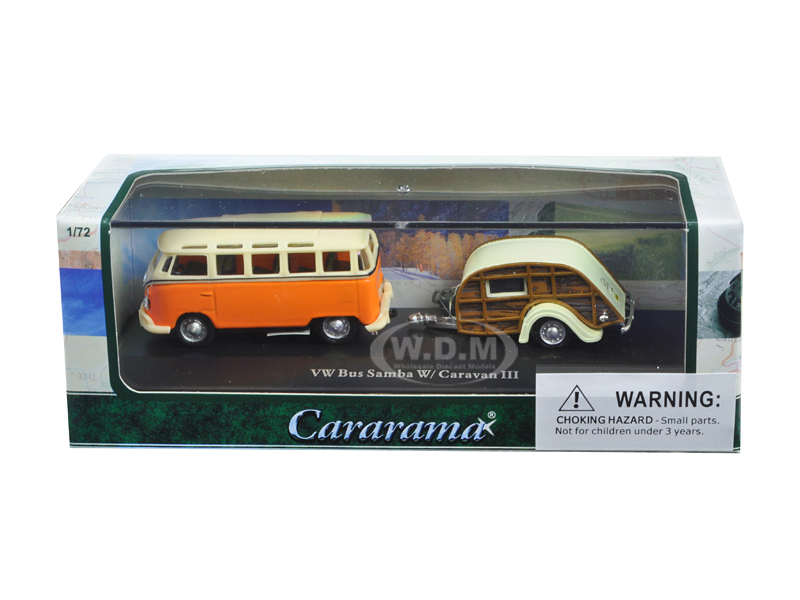Volkswagen Bus Samba Orange With Caravan Iii Trailer In Display Showcase 1/72 Diecast Car Model By Cararama