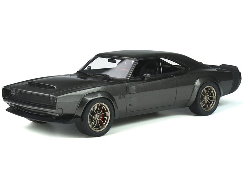 Image of 1968 Dodge Super Charger Hellephant Dark Gray Metallic with Black Tail Stripes 1/18 Model Car by GT Spirit
