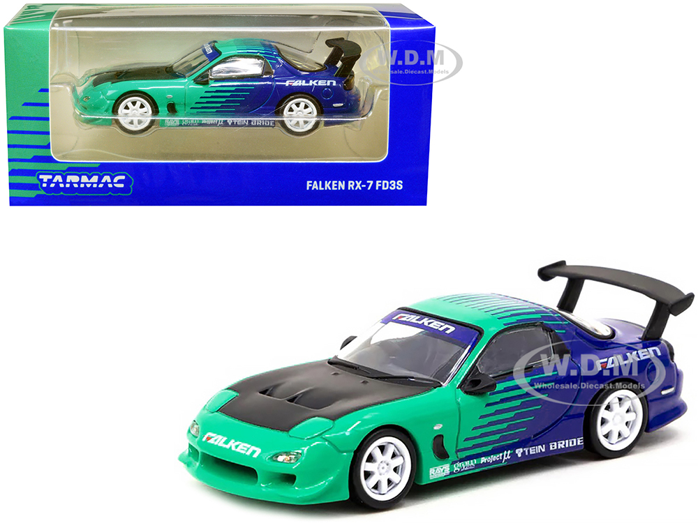 Mazda RX-7 FD3S RHD (Right Hand Drive) Green and Blue Falken Livery Global64 Series 1/64 Diecast Model Car by Tarmac Works